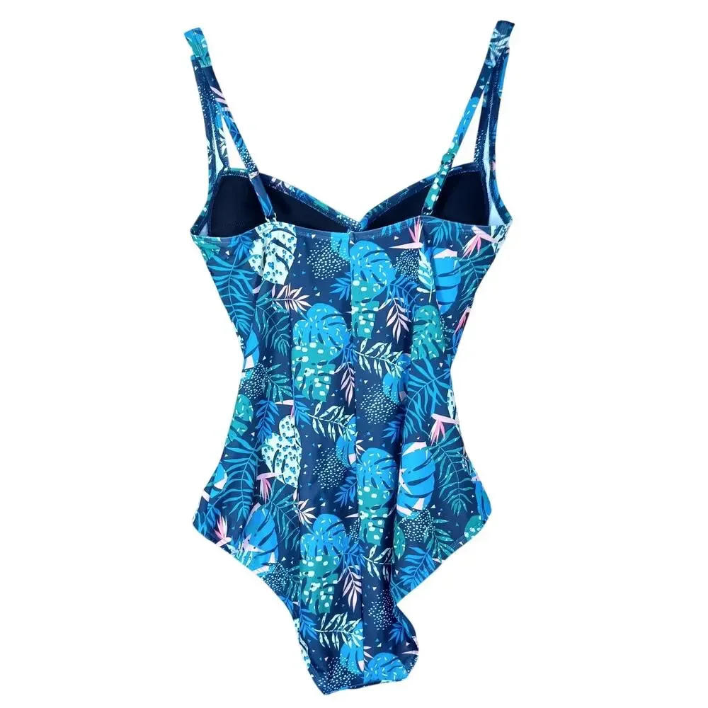 Emerald Bay Women's Size 14 Blue Tropical Leaf One Piece Tummy Control Swimsuit - Picture 2 of 7